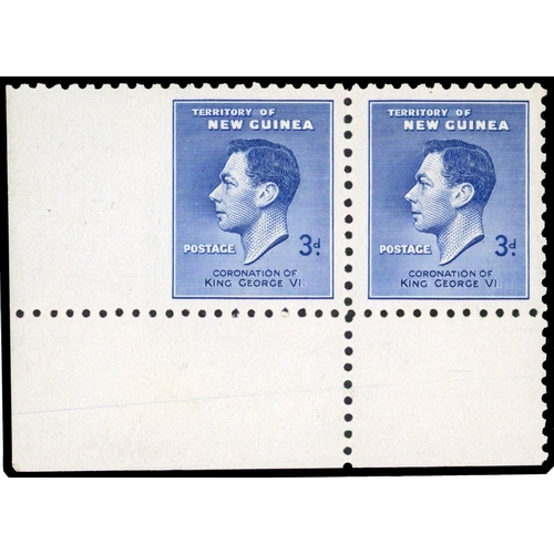 447 - 1937 Coronation 3d blue lower left corner pair, imperforate between the corner stamp and the left se... 