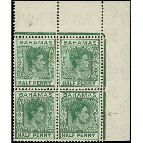 50 - 1938-42 ½d green top right corner block of six with R1/5 RP ‘Accent’ flaw, and 2/6 bulge in frame be... 