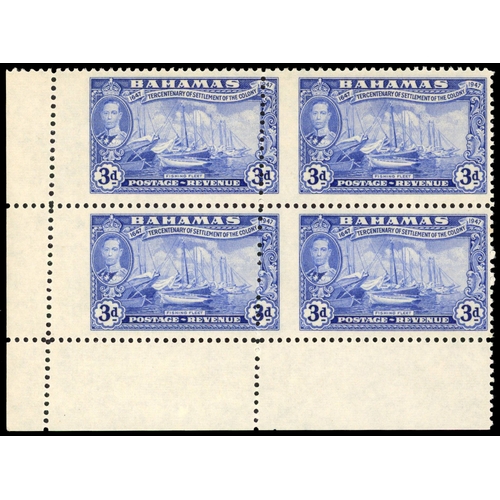 62 - 1948 Tercentenary 3/- ultramarine lower left corner block of four, the left pair showing a substanti... 