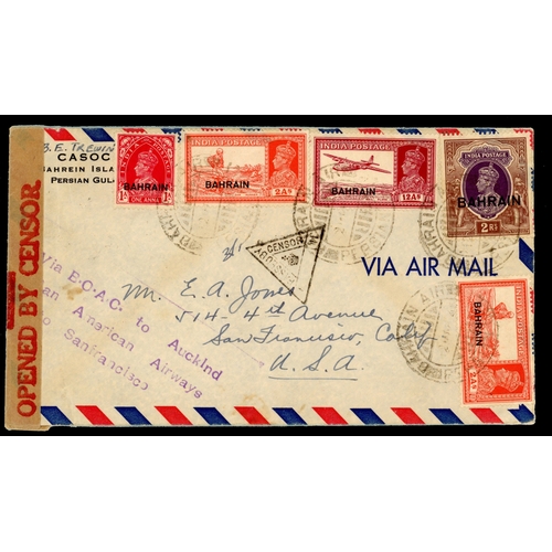 65 - Bahrain CASOC imprint envelope to San Francisco via New Zealand bearing 1a, 2a (2), 12a and 2r, Bahr... 