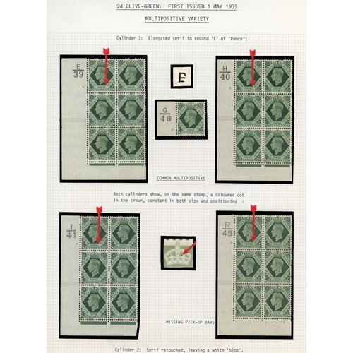 9 - 1937-52 3d to 1/- mint collection on leaves with better Cylinder blocks, positional varieties listed... 