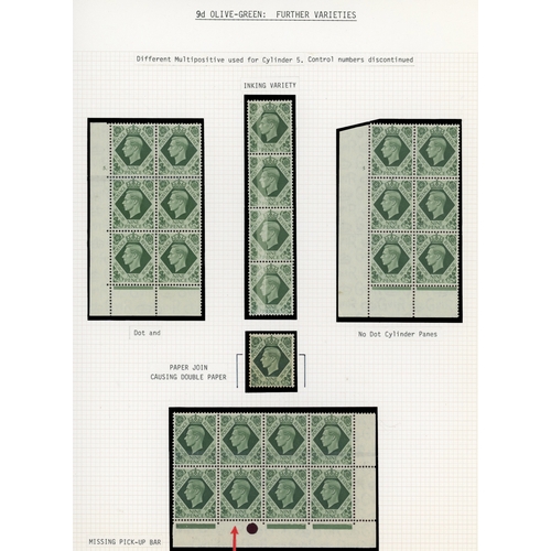 9 - 1937-52 3d to 1/- mint collection on leaves with better Cylinder blocks, positional varieties listed... 