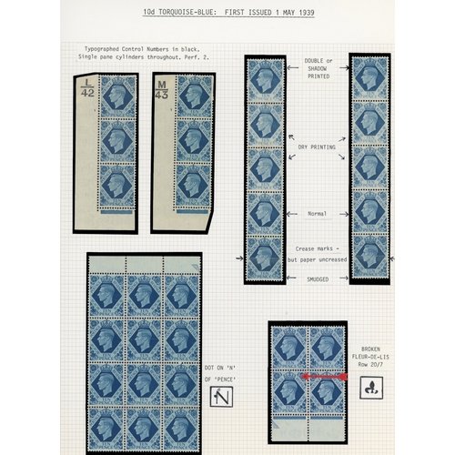 9 - 1937-52 3d to 1/- mint collection on leaves with better Cylinder blocks, positional varieties listed... 