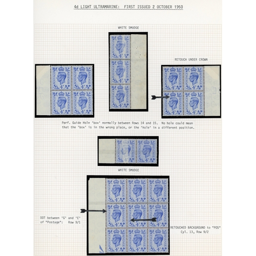 9 - 1937-52 3d to 1/- mint collection on leaves with better Cylinder blocks, positional varieties listed... 