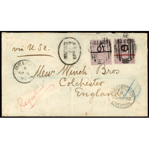 148 - 1892 registered envelope to England endorsed ‘via USA’ franked by surcharges ‘’6'' in red & black on... 