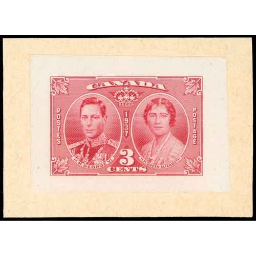 194 - Canada 1937 Coronation 3c proofs, two large proofs in rose-red and in carmine on India paper (101x89... 