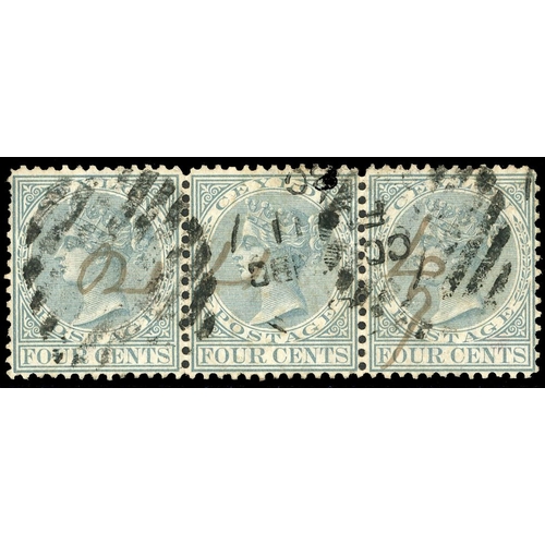 253 - 1872-80 4c grey, Wmk CC, perf 12½, horizontal strip of three used, by part duplexes and in m/s, odd ... 