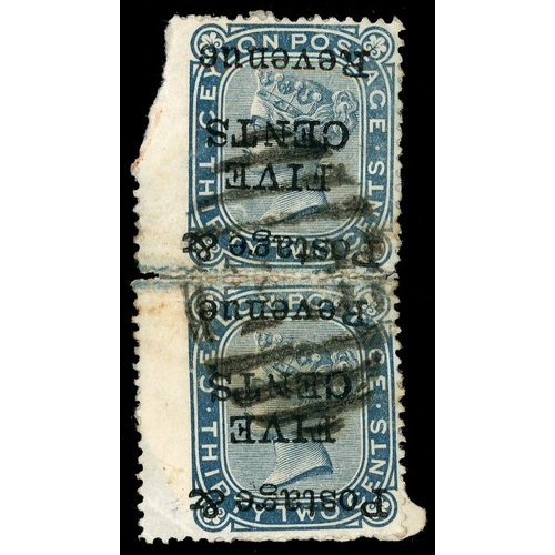 261 - 1885 5c on 32c slate Wmk CC, type 21 local surcharge, rejoined VERTICAL PAIR, showing ERROR SURCHARG... 