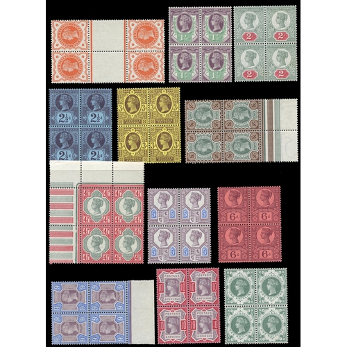 27 - 1887-1900 Jubilee set of fourteen to 1/- green & carmine in blocks of four (less ½d vermillion which... 