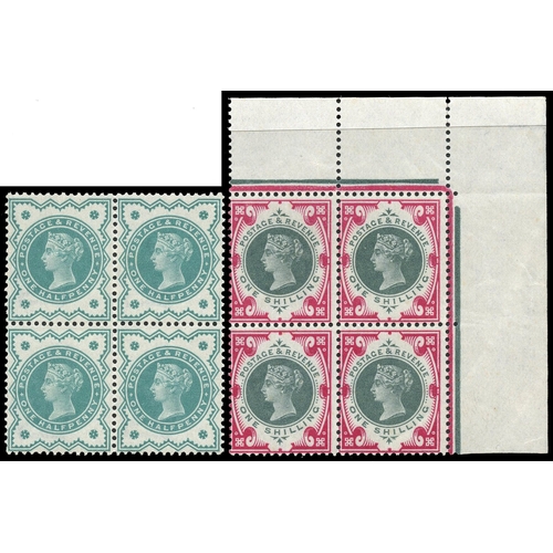 27 - 1887-1900 Jubilee set of fourteen to 1/- green & carmine in blocks of four (less ½d vermillion which... 