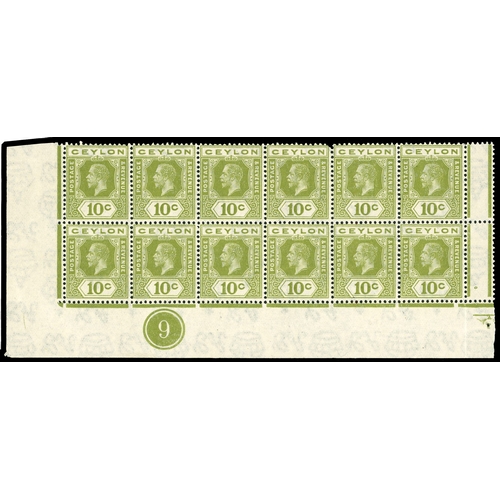 296 - 1921-32 Wmk Script 10c sage-green Die I, lower right part interpanneau plate marginal block of twelv... 