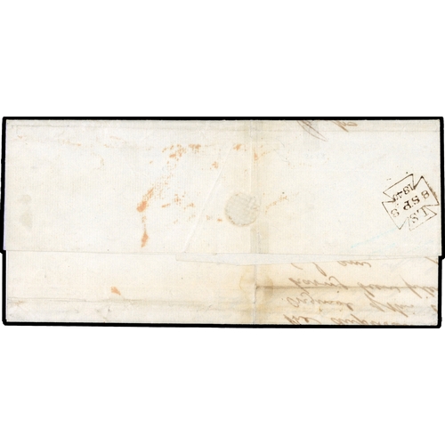 3 - 1840 2d blue horizontal strip of 3, plate 1 (JH/JJ), trimmed at foot, on entire to Basingstoke, tied... 