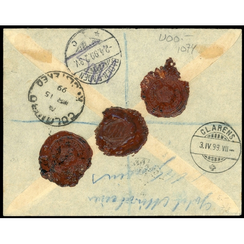 361 - 1899 registered envelope to Germany and re-addressed, franked by 1r.12 dull rose with full Congreve ... 