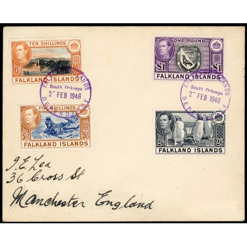 426 - 1945 pair of ‘Lea’ covers franked by 1938-50 2/6d slate, 5/- indigo & yellow-brown, 10/- black & lig... 