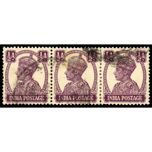 526 - 1940-43 KGVI ½a purple, used strip of three showing partial offset on reverse of lower country label... 