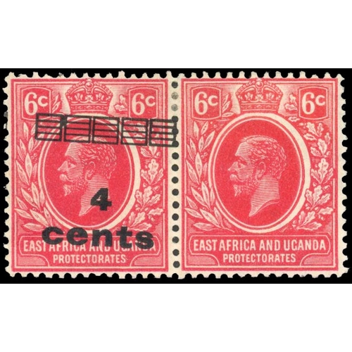 674 - 1919 4c on 6c scarlet, surcharge type 5, pair showing variety PAIR ONE WITHOUT SURCHARGE, large part... 