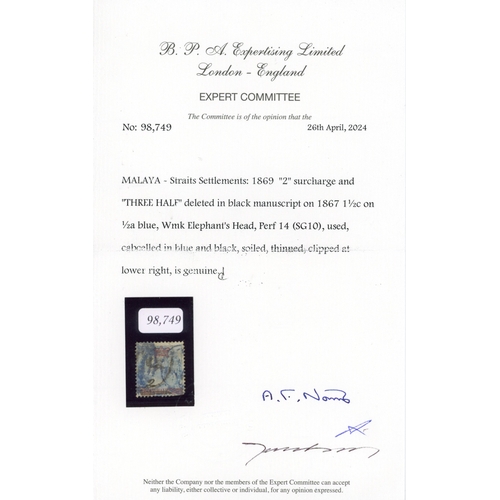 687 - 1869 ‘2’ surcharge in manuscript and ‘THREE HALF’ deleted in black on ½a blue, cancelled in blue and... 