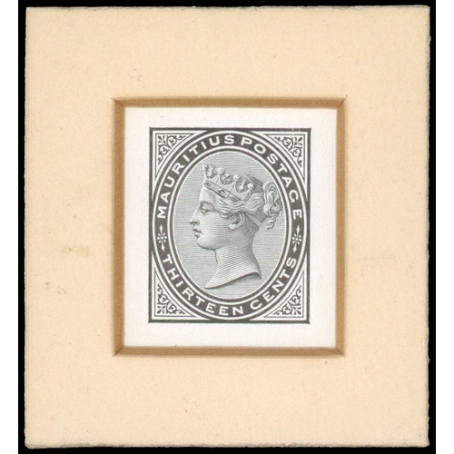 736 - 1880 13c die proof in black on glazed card,  in black, sunk in small frame (detached) otherwise fine... 