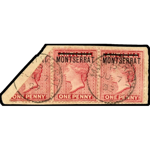 745 - 1876 1d bisected (½d) in horizontal strip with two 1ds, tied to a small paper piece with RPS certifi... 