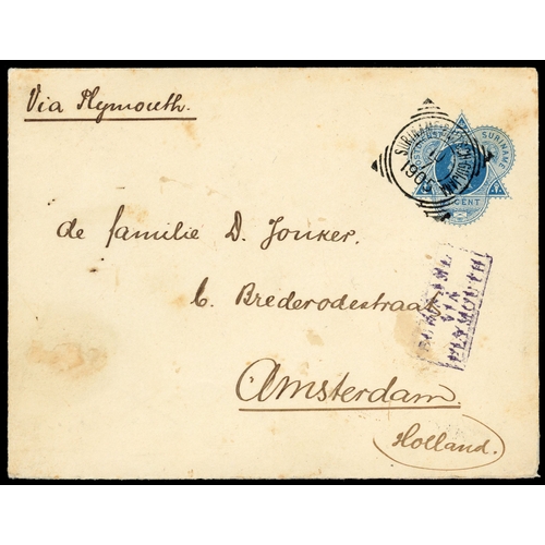 754 - SURINAME: 1905 12½ cents blue postal stationery envelope, addressed to Amsterdam, endorsed ‘’Via Ply... 