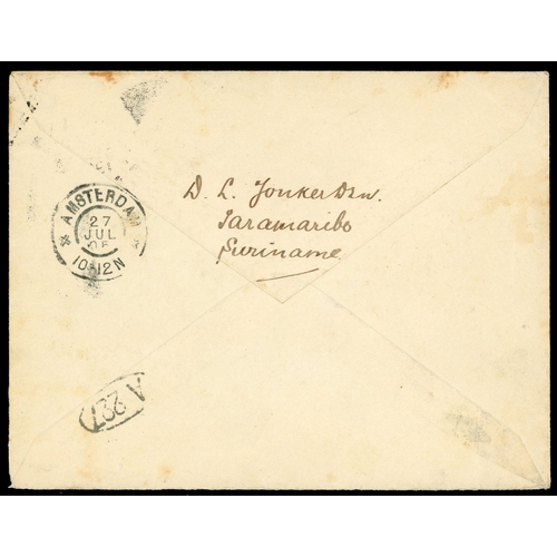 754 - SURINAME: 1905 12½ cents blue postal stationery envelope, addressed to Amsterdam, endorsed ‘’Via Ply... 