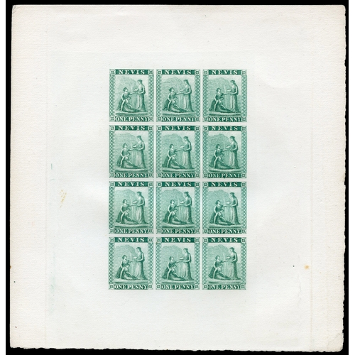 757 - 1962 greyish paper issue.  1d Colour Proof imperforate sheet of 12 in bright green on white card, ri... 