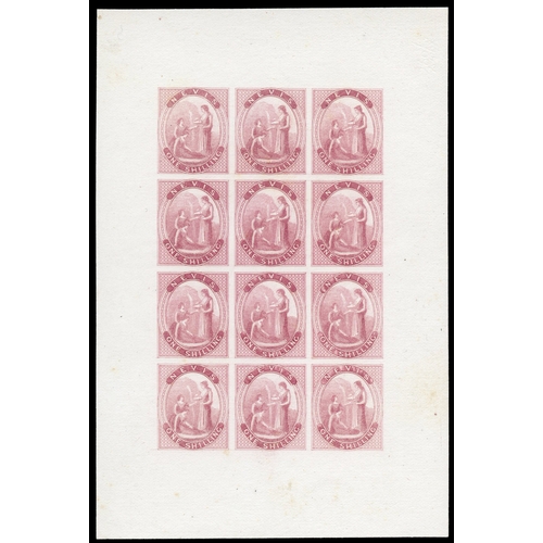 760 - 1862 greyish paper issue.  1s Colour Proof sheet of twelve in pale lake on card, margins reduced on ... 