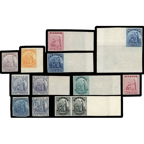 761 - 1962 greyish paper imperforate Colour Proofs group, on paper of variable thickness.  1d lake (two sh... 