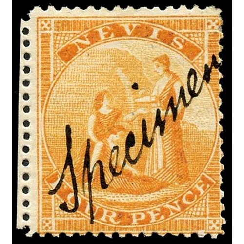 766 - 1867-76 white paper 4d orange with manuscript “Specimen”, part o.g., nice colour and a fine example.... 