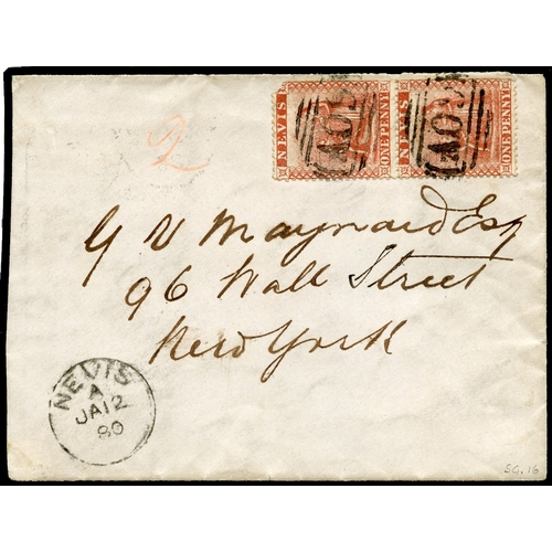 785 - 1880 envelope to New York franked by a vertical pair of 1d deep rose-red (SG 16, brownish shade) fro... 