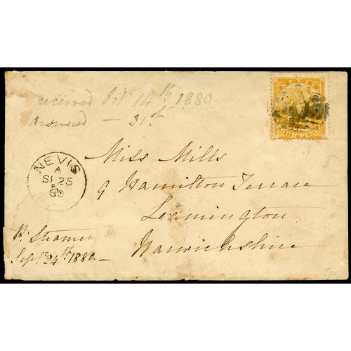 786 - 1880 envelope (a little soiled) to Leamington, bearing 4d orange-yellow (SG 18) with smudged A09 can... 