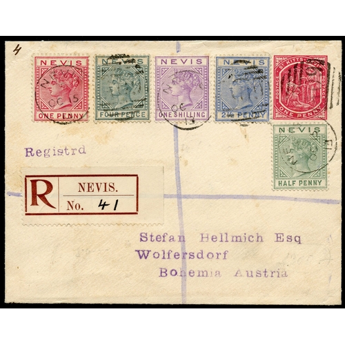 787 - 1913 registered postal stationery 1d envelope (St Kitts-Nevis Springs) uprated with Keyplate ½d, 1d ... 