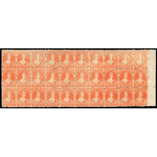 794 - 1872 2d vermilion, no watermark right-hand marginal block of 30 (10x3) from the top three rows of th... 