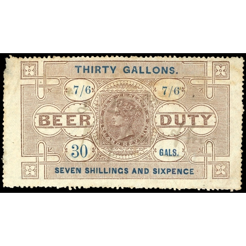 806 - Beer Duty: 1880 Second Issue 7s6d brown and blue, wmk sideways-inverted NZ, fine used with faint ms ... 