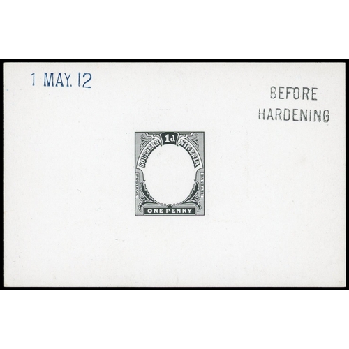 813 - 1912 1d frame die proof on glazed paper dated “1 MAY. 12” in indigo and endorsed “BEFORE HARDENING” ... 