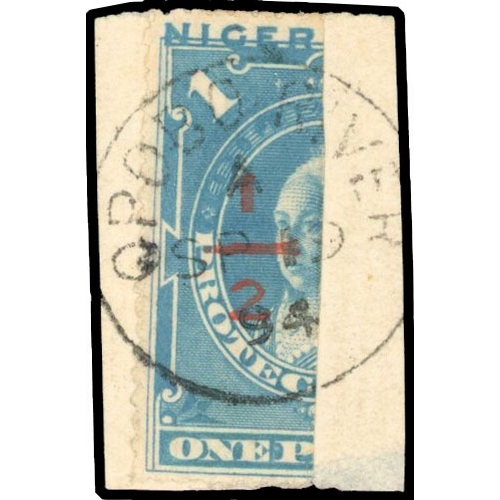 814 - 1894 ‘½’ in red on half of 1d pale blue, tied to small piece by Opobo River cds BPA certificate (198... 