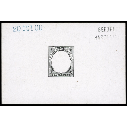 834 - 1900 2d frame die proof on glazed card dated “20 OCT. 00” in blue and endorsed “BEFORE HARDENING” in... 