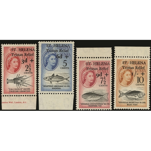 843 - 1961 Tristan Relief Fund set of four, with 7½c+9d & 10c on 1/- upper marginal and 3d+2½c (showing pa... 