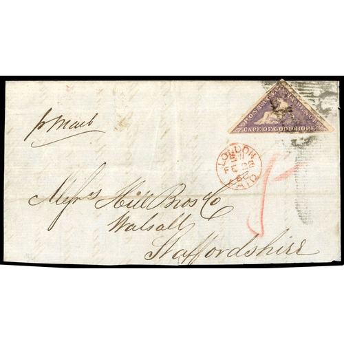 866 - 1860 6d deep rose-lilac on white paper, tied to front to England with red London arrival in red ‘FE ... 