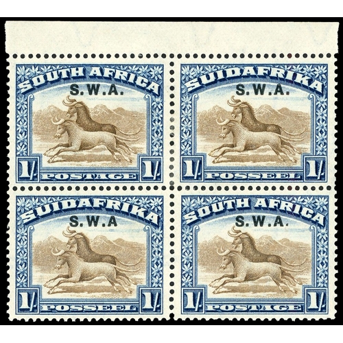 886 - 1927-30 1/- brown and deep blue perf 14 x 13½ (down) overprinted S.W.A., top marginal block of two p... 