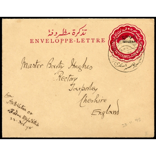 895 - 1898 Egypt optd ‘SOUDAN’ 5m postal stationery envelope addressed to England, with Travelling Post Of... 