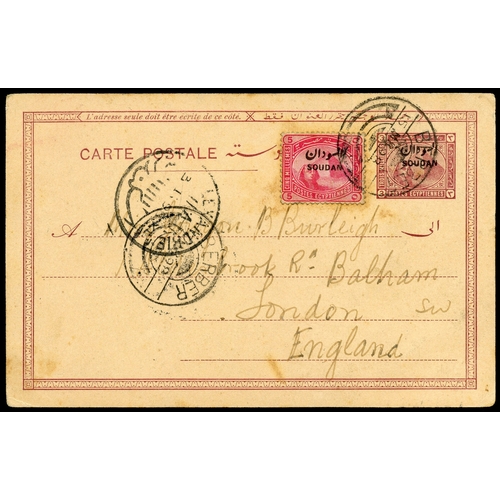 896 - 1898 3m postal stationery postcard, uprated by 5m rose-carmine tied by Berber cds for 15 MR 98, with... 