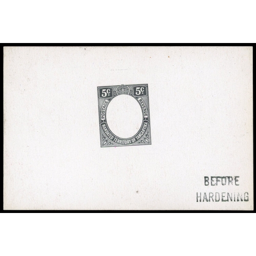 907 - 1927-31 5c De La Rue frame die proof in black on glazed card, endorsed “BEFORE HARDENING”. Fine.