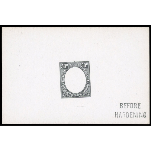 914 - 1927-31 50c De La Rue frame die proof in black on glazed card, undated, endorsed “BEFORE HARDENING” ... 