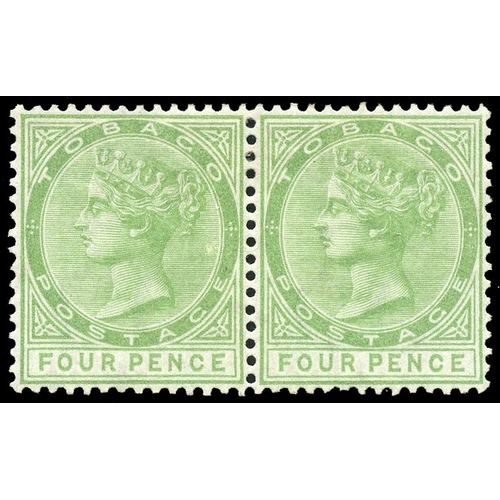 918 - 1880 4d yellow-green pair, large part o.g. Fine. SG 10