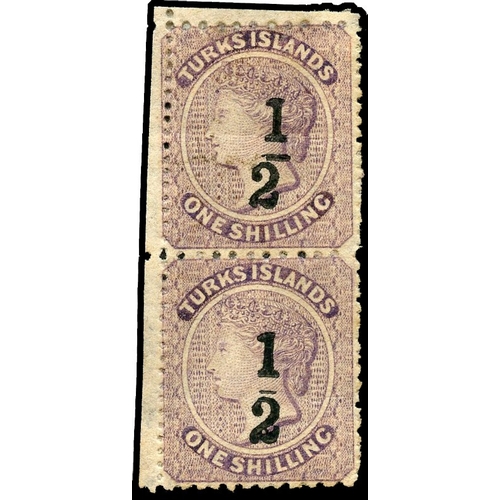 927 - 1881 (1 Jan) ‘½’ in 1s lilac, upper left corner vertical pair showing surcharge types 4 and 5 se-ten... 