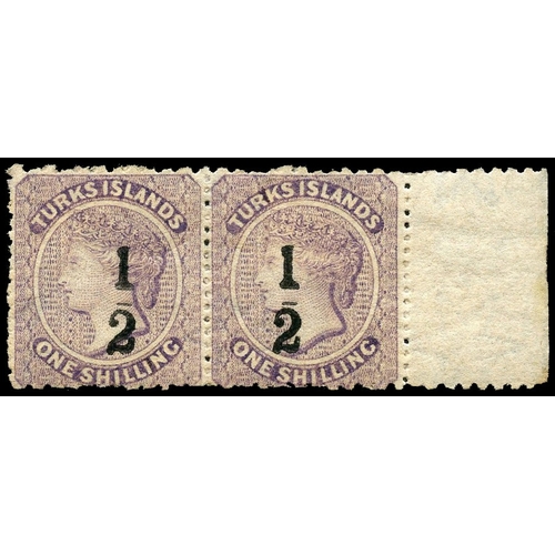 929 - 1881 (1 Jan) ‘½’ on 1s lilac, type 5 surcharge, right marginal horizontal pair, large part o.g. (lef... 