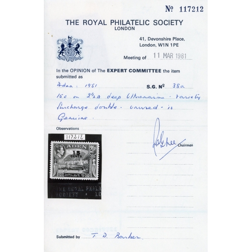 93 - 1951 15c on 2½a deep ultramarine surcharge double RPS certificate (1981), fine and scarce o.g. SG 38... 