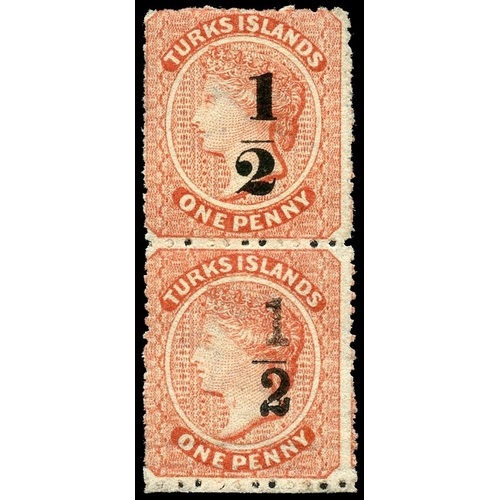 932 - 1881 (1 Jan) ‘½’ on 1d dull red, vertical pair showing surcharge types 9 and 10 se-tenant, the lower... 