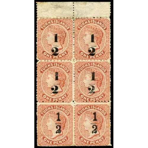 933 - 1881 (1 Jan) ‘½’ on 1d dull red, upper marginal block of 6 (2x3) showing types 9, 9, and 10 se-tenan... 